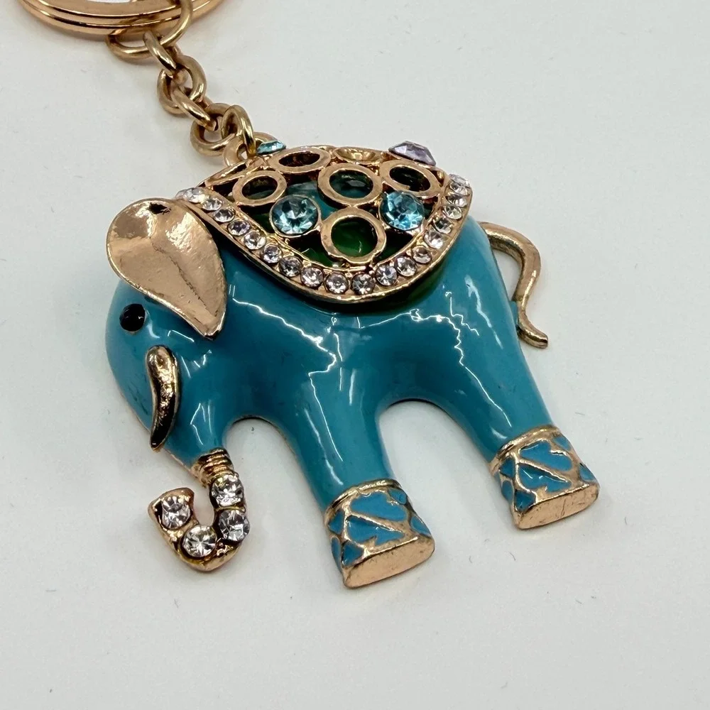 Vintage Teal Enamel Elephant Keychain with Gold Tone & Rhinestones